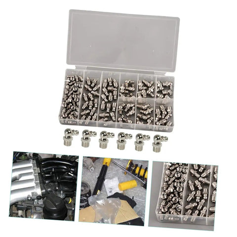 Grease Fitting Assortment Kit Zinc Plated Straight And Angled Zerk Fittings in case with assorted sizes and machinery applications.