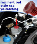 Slick Red Power Steering Reservoir Cap Pair Hella Durable Abs Plug Cover on hydraulic pump with highlighted bottle cap.