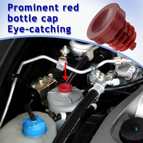 Slick Red Power Steering Reservoir Cap Pair Hella Durable Abs Plug Cover on hydraulic pump with highlighted bottle cap.