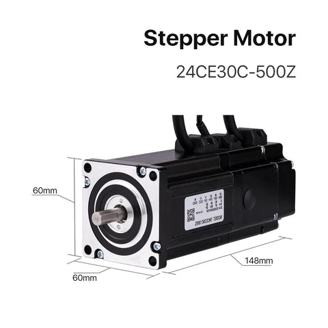 Front view of NEMA 24 stepper motor; silver faceplate and shaft, black housing, 60mm mounting face.