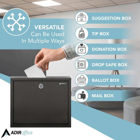 Heavy Duty Wall Mount Deposit Box With Lock And Slot For Payments And Checks, shown as versatile multipurpose drop box.