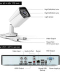Wired 4 Channel 5MP Lite AHD DVR Security System with 500GB Hard Drive and 3MP CCTV Camera showing ports and features.