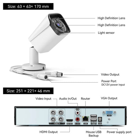 Wired 4 Channel 5MP Lite AHD DVR Security System with 500GB Hard Drive and 3MP CCTV Camera showing ports and features.