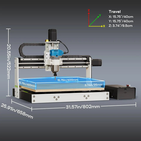 Heavy Duty Desktop CNC Router 4040 with dimensions 31.57x25.91x20.55 inches and a robust aluminum structure for precise milling.