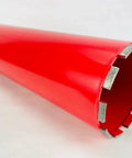 5-inch diamond wet core drill bit with 1-1/4-inch threaded shank; red body and diamond segments for concrete