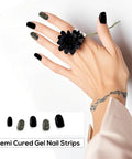 Hand with Semi Cured Gel Nail Strips And Wraps 20 Piece Kit For DIY Manicure With UV LED Lamp Required, black nail art design
