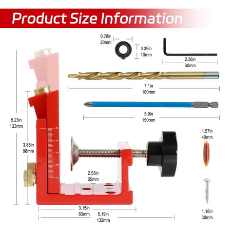 Product size information for Heavy Duty Aluminum Adjustable Pocket Hole Jig Kit With Laser Engraved Inch And Metric Scales.