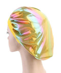 Silky Durag And Bonnet Set For Men And Women, side view of iridescent turban sleep cap, breathable velvet silk, one size fits most