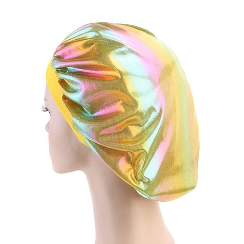 Silky Durag And Bonnet Set For Men And Women, side view of iridescent turban sleep cap, breathable velvet silk, one size fits most
