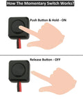 Diagram showing Momentary Push Button Switch 12V 24V Prewired Surface Mount With 20 Inch Lead operation, push to hold on, release to turn off.