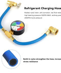R134A Air Conditioning Refrigerant Charge Hose Kit With Pressure Gauge And One Half Inch Self Sealing Valve U Charge Hose For Car And Home Auto Air Conditioning Recharge System, blue rubber nylon hose with gauge and valve