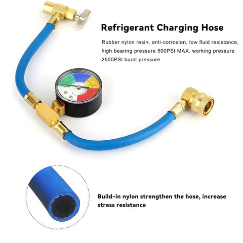 R134A Air Conditioning Refrigerant Charge Hose Kit With Pressure Gauge And One Half Inch Self Sealing Valve U Charge Hose For Car And Home Auto Air Conditioning Recharge System, blue rubber nylon hose with gauge and valve