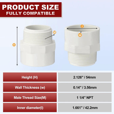Six Piece 1 1/4 Inch PVC Pipe Fitting Set SCH40 NPT Male Thread Adapter And Slip Coupling Connector size chart