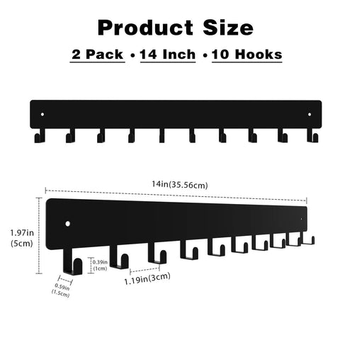 Dimensions diagram of 14 Inch Wall Key Holder With 10 Hooks Two Sets Metal Key Rack Wall Mount, showing length and hook spacing.