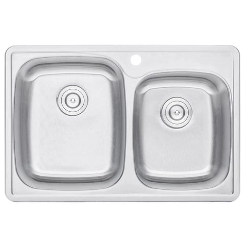 Top view of 33x22x9 Inch 60/40 Offset Double Bowl Stainless Steel Kitchen Sink With Strainer And Dish Rack, 18 Gauge T304 Rust Resistant