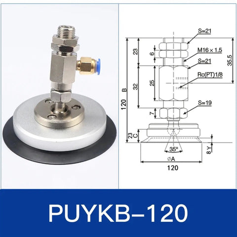 Puykb-120 Industrial Pneumatic Suction Cup Chuck With Durable Rubber Gripper, featuring metal and rubber design for precision handling.