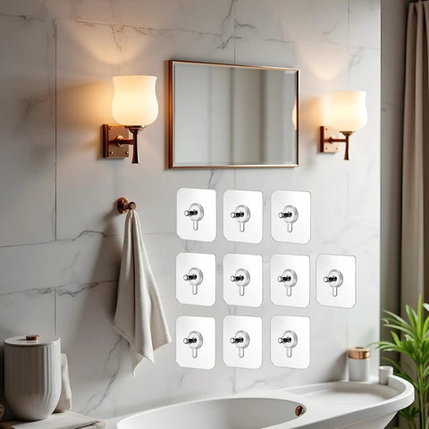 No Drill Wall Hooks Heavy Duty Adhesive Hangers For Kitchen, Bathroom And Home, Damage Free Picture Hanging, 10 Pack With Removable Non Marking Tape, Strong Grip For Towels, Coats, Bags And More, bathroom wall