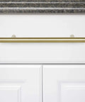 Gold Champagne Euro Bar Cabinet Handles 7 And 3 Eighths Inch Long 5 Inch Hole Center One Half Inch Diameter on white cabinet door