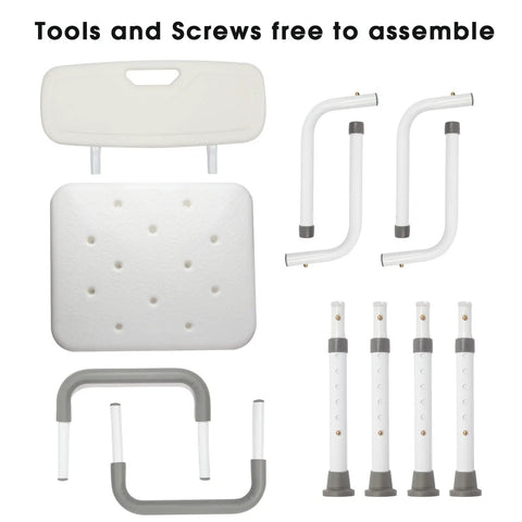 Arms And Back Shower Chair With Tool Free Assembly parts, including white padded seat, backrest, and aluminum legs for seniors.
