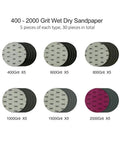 30 Pcs 5 Inch Wet And Dry Sanding Discs Set Hook Grit Paper For Precision Polishing And Detailing Jobs With 400 To 2000 Grit Options, showing various grit discs.