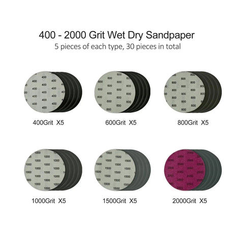 30 Pcs 5 Inch Wet And Dry Sanding Discs Set Hook Grit Paper For Precision Polishing And Detailing Jobs With 400 To 2000 Grit Options, showing various grit discs.
