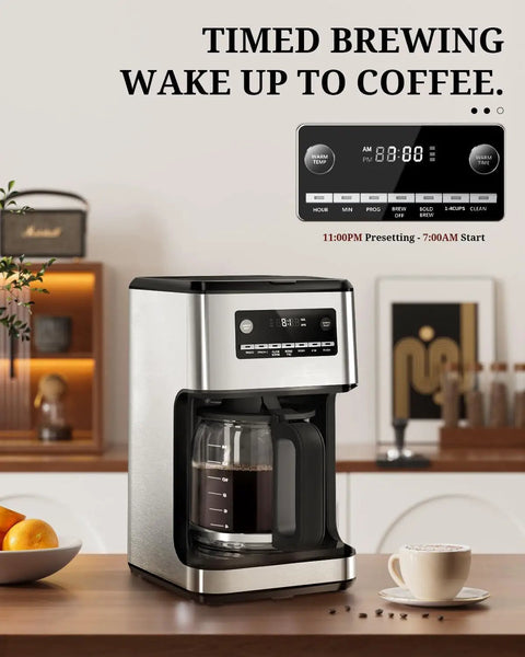 14 Cup Programmable Drip Coffee Maker With Timer Keep Warm Plate Auto Pause Reusable Filter Self Cleaning Stainless Steel Carafe And Large Borosilicate Glass Pot No Fuss Easy To Use with digital display on kitchen counter