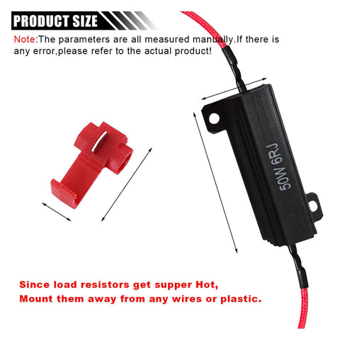 50W 6 Ohm LED Load Resistors With Quick Wire Clips Aluminum Case For Quick Turn Signal Fix Hyper Flash Auto Replacement Resistors To Stop Blink Error Codes Black 2 Pack Plug And Play showing size and mounting instructions