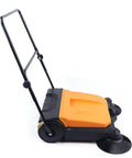 26 8 Inch Manual Walk Behind Floor Sweeper With 4 Gallon Waste Bin Built Like A Tank For Warehouse Garage Driveway Straight Up Heavy Duty Efficiency And Zero Fuss Cleaning side view showing handle and sweeper design.