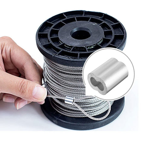 Hand holding wire with 120 Piece Aluminum Crimp Sleeve Set For Three Thirty Second Inch Wire Rope And Cable, ideal for rigging.