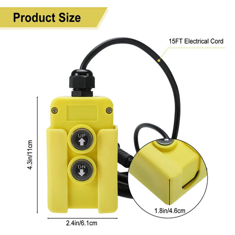 12V DC 4-Wire Remote Switch For Hydraulic Dump Trailer Dual-Acting Pump, 2-Button Pendant Control with size dimensions