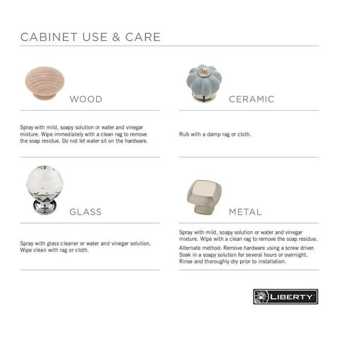 Liberty cabinet knobs use and care instructions for wood, ceramic, glass, and metal materials with cleaning guidelines.