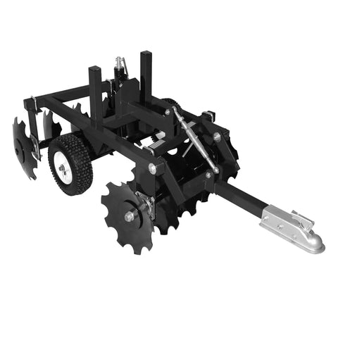 Tow Behind Disc Harrow For ATV UTV And Utility Tractors 33 Inch Wide With 12 Inch Pneumatic Tires And Replaceable Blades, side view