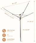 Backyard Game Changer Umbrella Clothesline, 12 Line Outdoor Drying Rack dimensions showing adjustable height and coated metal.
