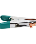 Heavy Duty A Shape Welding Ground Clamp With Copper Clip Electroplated Finish Fits All Types For Argon Arc And Resistance Jobs At 500 Amps Reliable Grip side view with teal grips.
