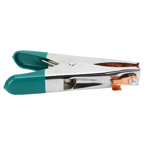 Heavy Duty A Shape Welding Ground Clamp With Copper Clip Electroplated Finish Fits All Types For Argon Arc And Resistance Jobs At 500 Amps Reliable Grip side view with teal grips.