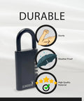 Black portable lock box with 4-digit combo, labeled durable, sturdy, weatherproof, high quality; ideal key storage solution.