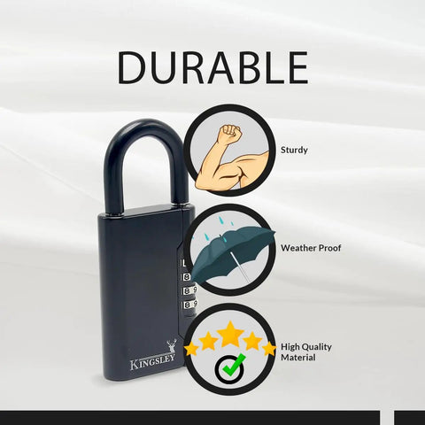 Black portable lock box with 4-digit combo, labeled durable, sturdy, weatherproof, high quality; ideal key storage solution.