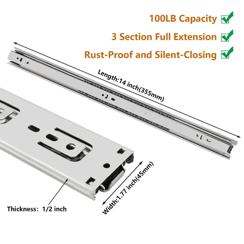 Heavy Duty 14 Inch Drawer Slides Pair Side Mount 100 LB Capacity Built Tough With Zinc Plated Cold Rolled Steel Anti Rust Corrosion For Long Lasting Smooth Operation, 3-section slide