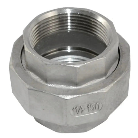 Built Tough 304 Stainless Steel Union Coupling Pipe Fitting with Tight Bspt Threads, 1.5 inch size, for plumbing connections.