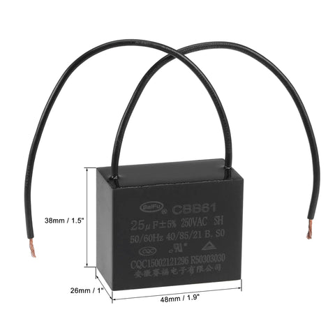 Ceiling Fan Capacitor CBB61 25uF 250V AC 2 Wires Metallized Polypropylene Film Capacitor 48x38x26mm