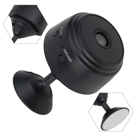 Dead Simple 1080P WiFi Wireless Security Camera with Night Vision and Smart Motion Alerts, compact black camera with mount.