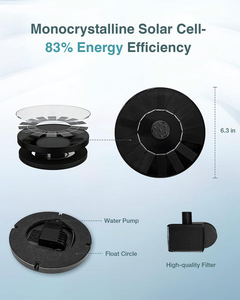 Upgraded Solar Powered Fountain Pump With Six Nozzles For Outdoor Garden Pond Pool And Bird Bath, Auto Sensing Water Pump Delivers A 19.7 Inch Spray From A High Efficiency 6.3 Inch Mono Solar Panel No Fuss showcasing 6.3-inch solar panel, water pump, and high-quality filter
