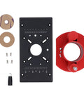 Router Lift Base Kit Slick Flip Tray Insert Plate components including black plate, red spindle, and screws for woodworking gear.