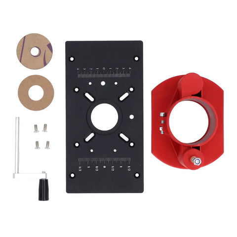 Amp Up Your Bench Work With Knockout 46 Mm Manual Router Lift Kit components including black plate, sturdy red base, and crank handle.