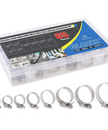 Front view of Glarks 65-piece stainless steel worm-gear hose clamps assortment kit in a clear plastic case