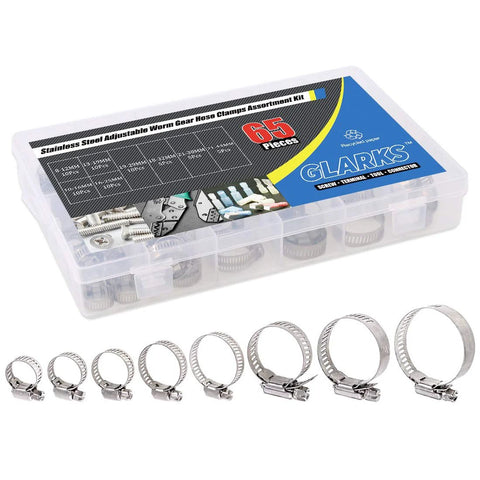 Front view of Glarks 65-piece stainless steel worm-gear hose clamps assortment kit in a clear plastic case
