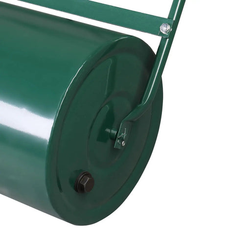 24 Inch Beefy Lawn Roller For Grass Seed And Sod, Heavy Duty Steel Garden Roller, 13 Gallon Water Filled Push Pull Ground Leveler With Scraper Bar, Rounded Edges And U Handle, Rust Resistant Green Finish side view of drum and handle