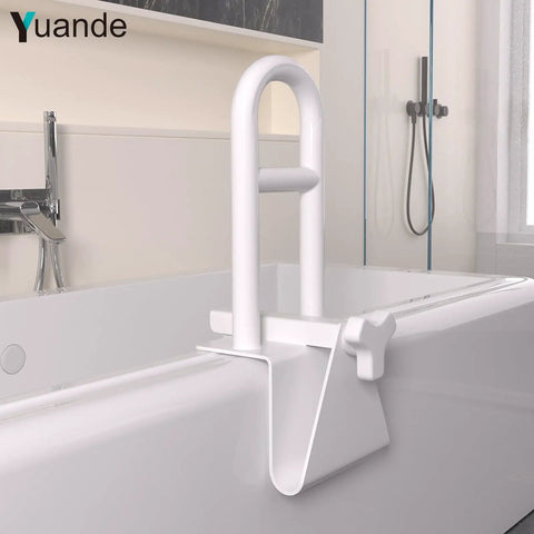 Heavy Duty Stainless Steel Bathtub Safety Rail With Rock Solid Adjustable Tub Handle For Bathrooms Featuring Oil Rubbed White Finish and Hella Secure Anti Slip Grip Support Built To Last Forever Without Rusting Or Fading, close-up view mounted on a modern tub.