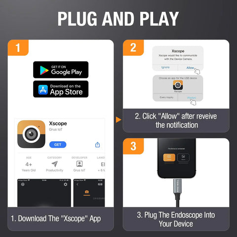 Setup steps for 50 Foot USB C Borescope Camera With Built In Light For iPhone Android including app download, permissions, and connection.