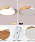 Sleek Modern LED Ceiling Light Fixture With Wood Style Flush Mount Circular Acrylic Lampshade on and off view